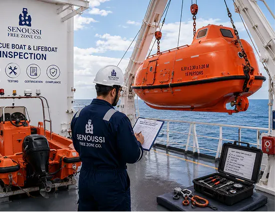Rescue boat secured on a vessel