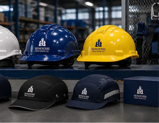 Orange industrial safety helmets