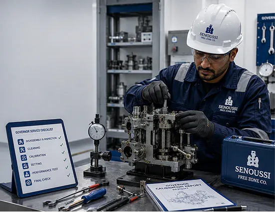Technician calibrating a marine engine governor