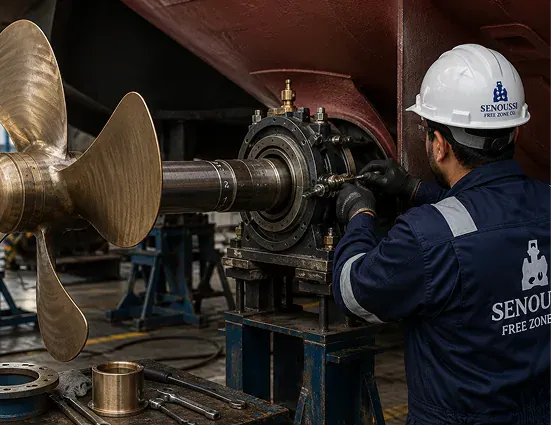 Ship propeller and shaft line undergoing maintenance